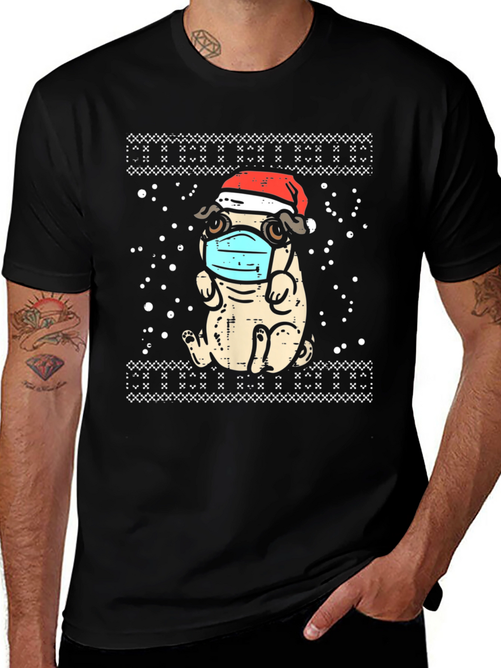 Festive Pug in Mask Holiday Tee
