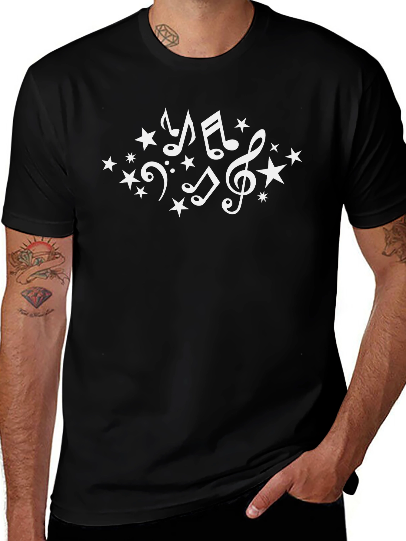 Musical Notes Starry Tee - Stylish Black T-Shirt