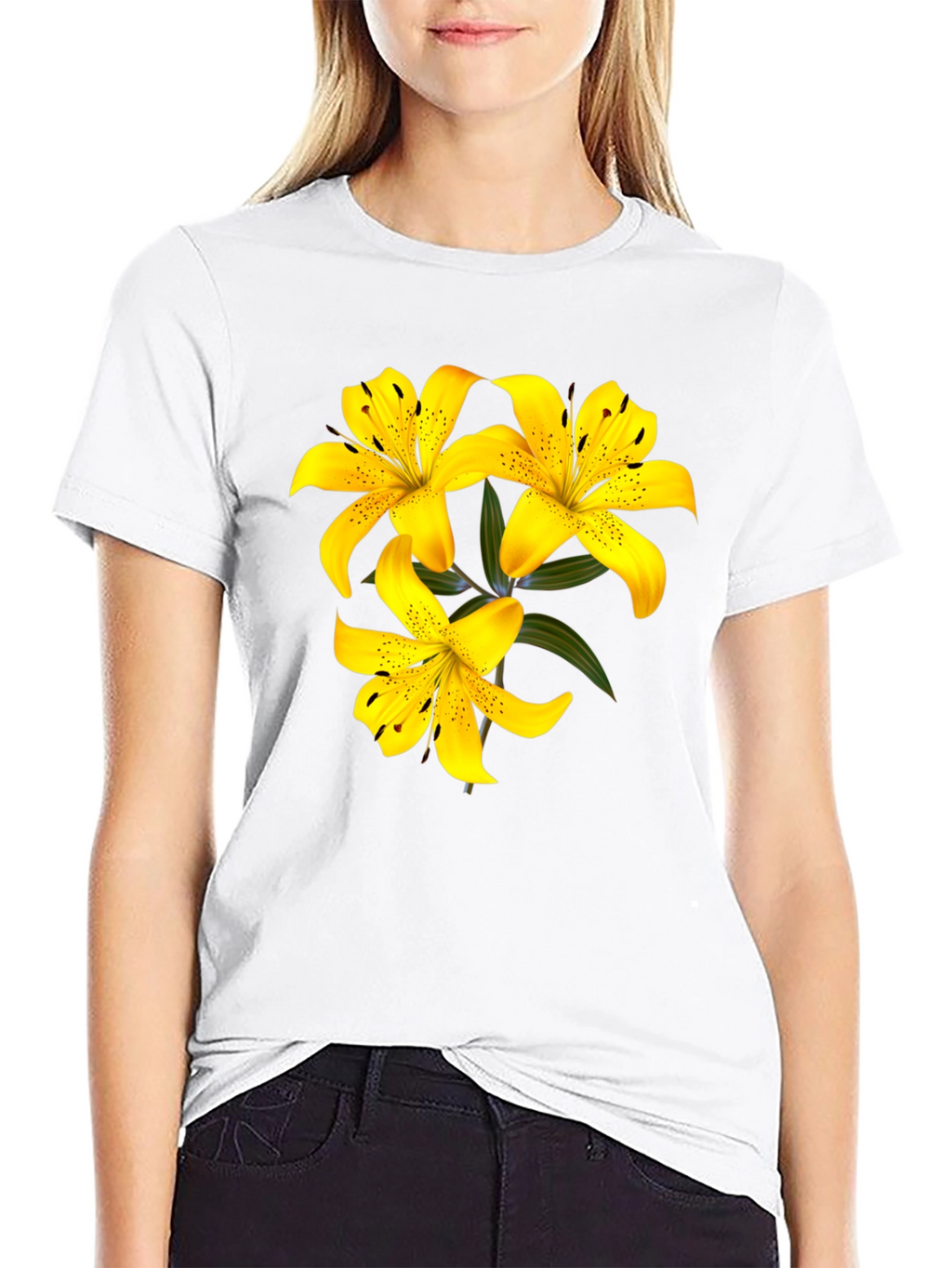 Yellow Lily Flower Black T-Shirt
