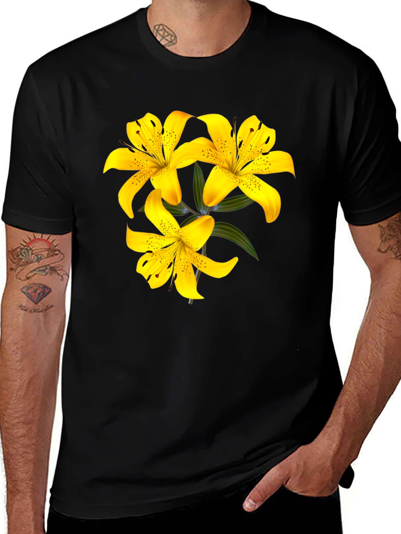 Yellow Lily Flower Black T-Shirt