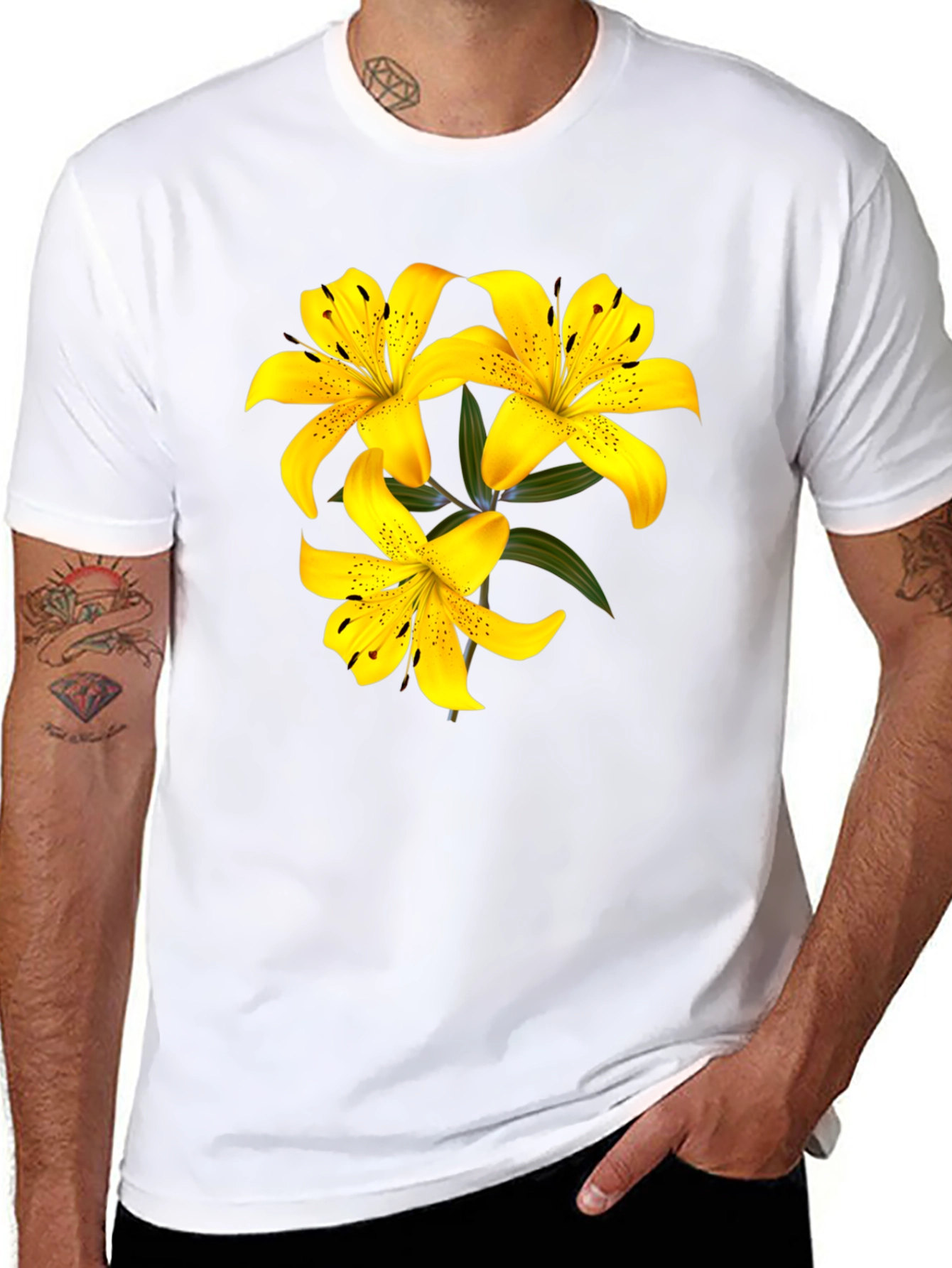 Yellow Lily Flower Black T-Shirt
