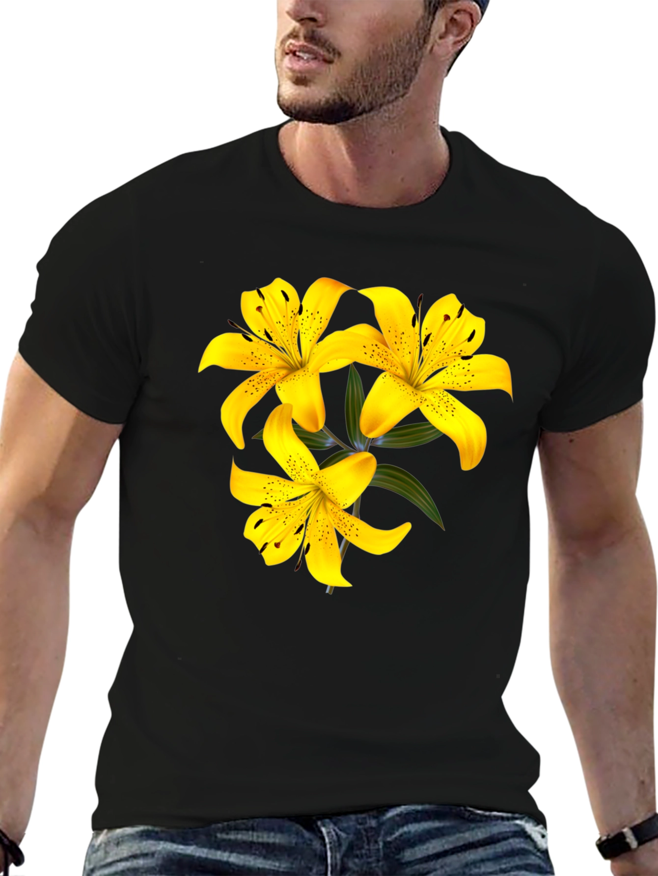 Yellow Lily Flower Black T-Shirt