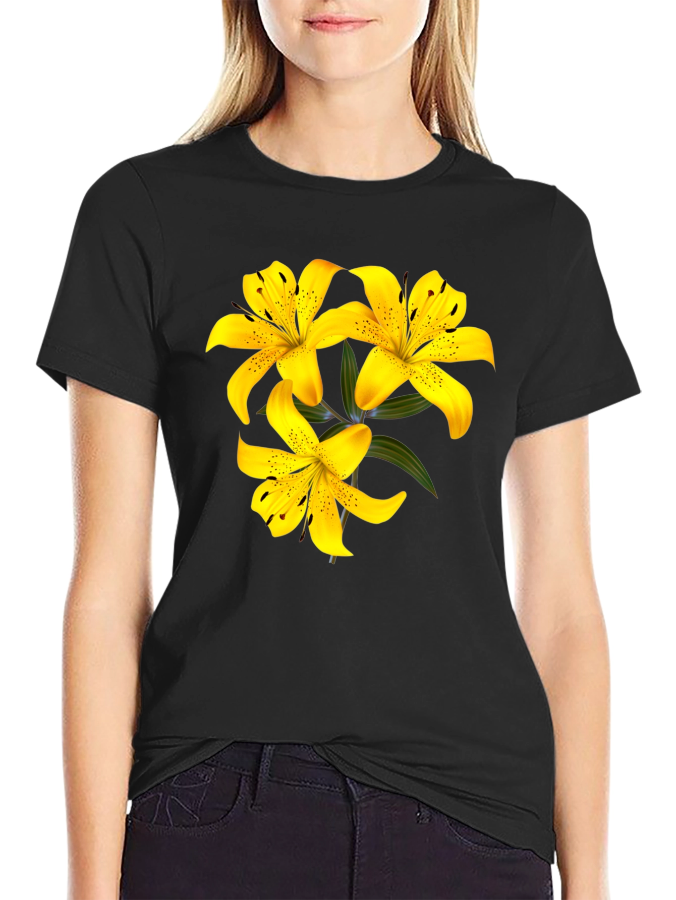 Yellow Lily Flower Black T-Shirt