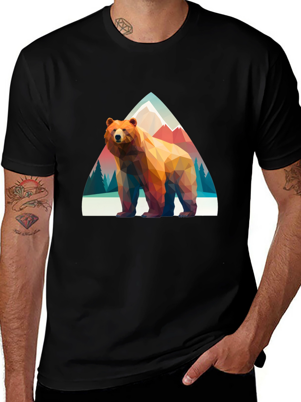 Geometric Bear T-Shirt - Mountain Scene Graphic Tee