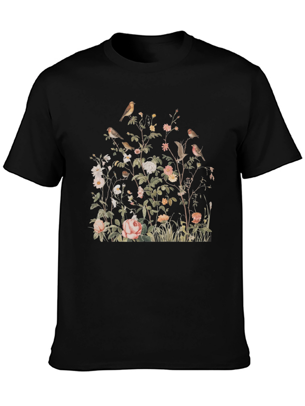 Floral Bird Print Graphic Tee - Classic Black