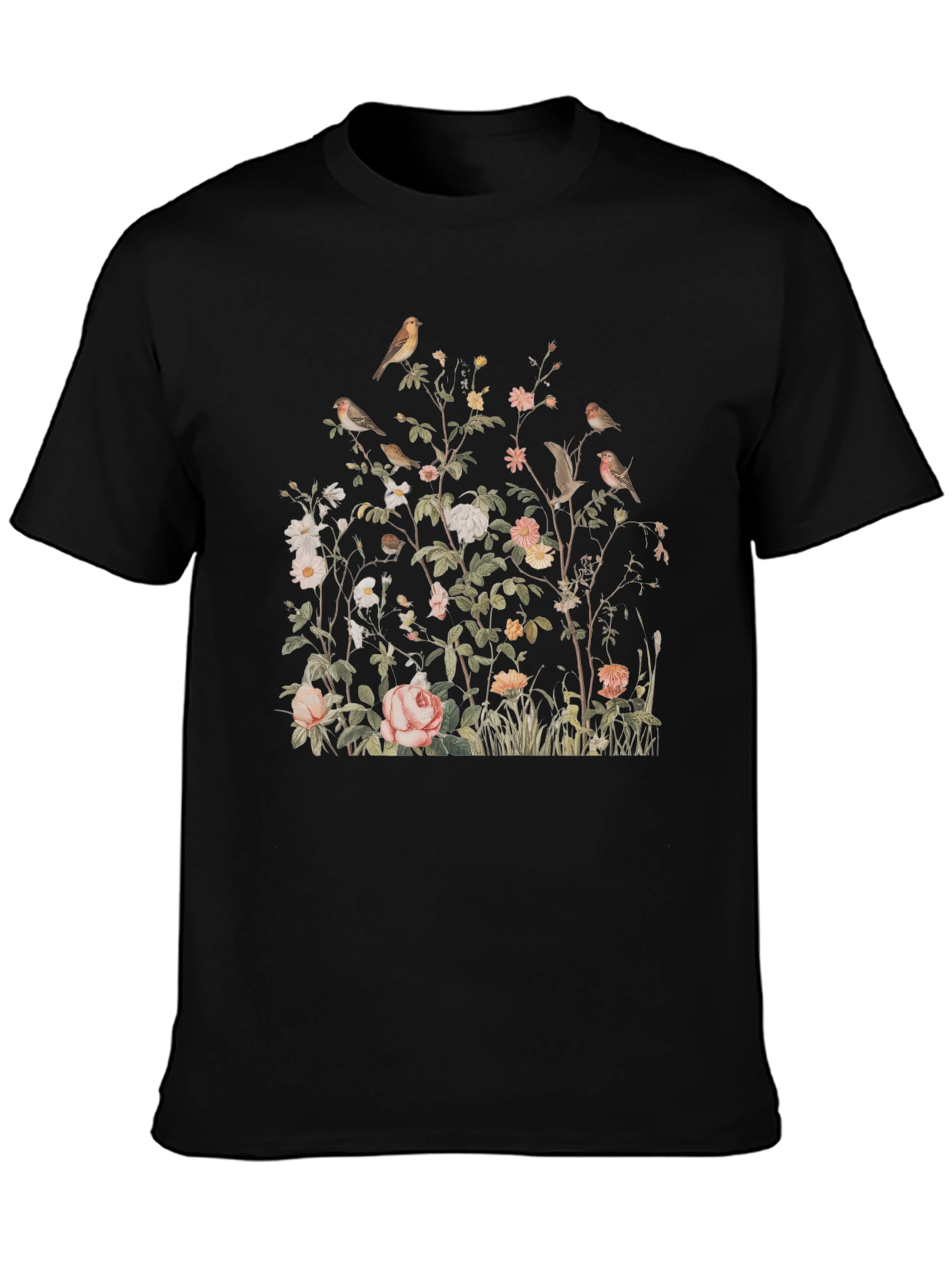 Floral Bird Print Graphic Tee - Classic Black