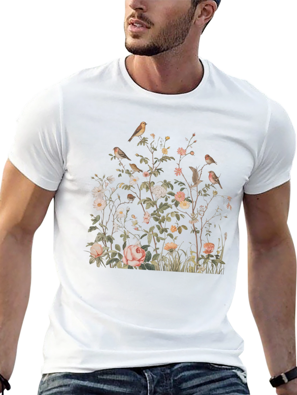 Floral Bird Print Graphic Tee - Classic Black