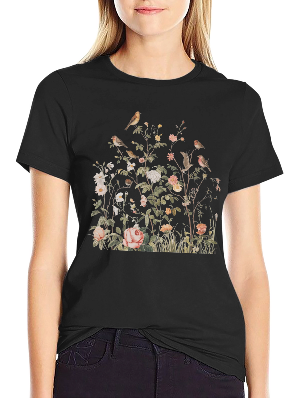 Floral Bird Print Graphic Tee - Classic Black
