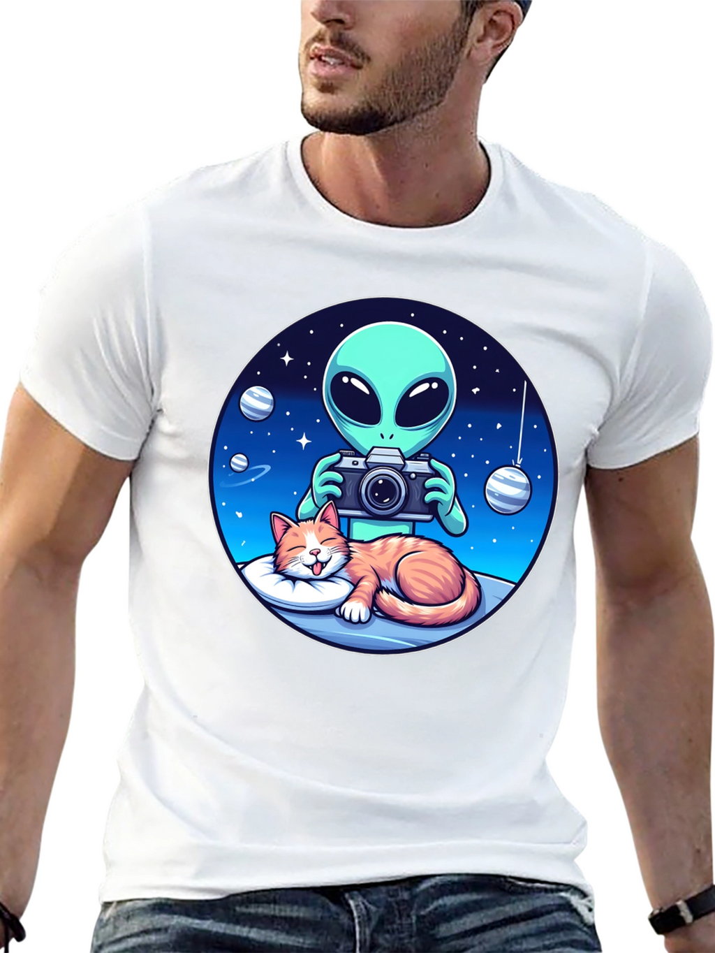 Alien & Cat Graphic Tee - Space Lovers Gift