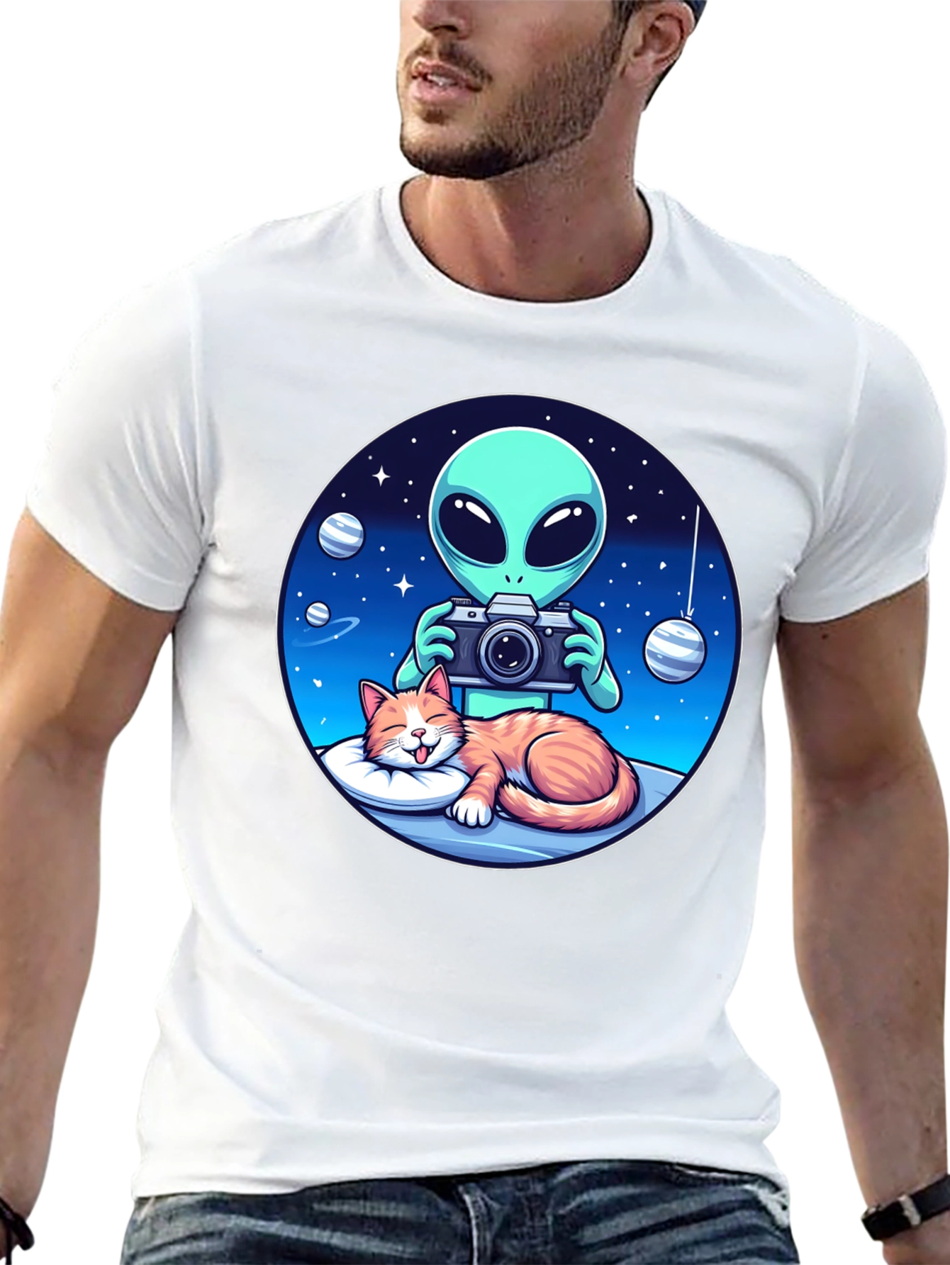 Alien & Cat Graphic Tee - Space Lovers Gift