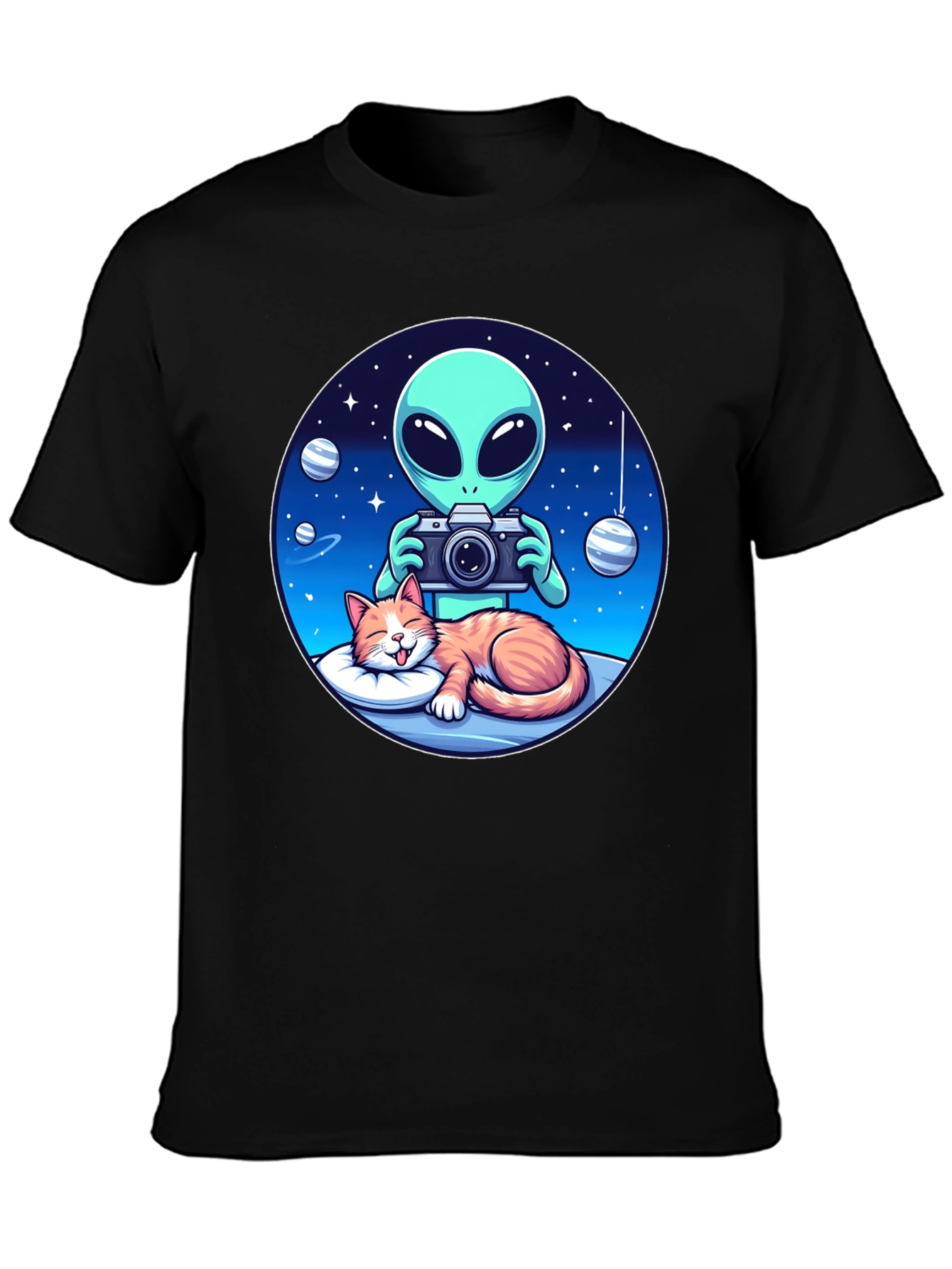 Alien & Cat Graphic Tee - Space Lovers Gift