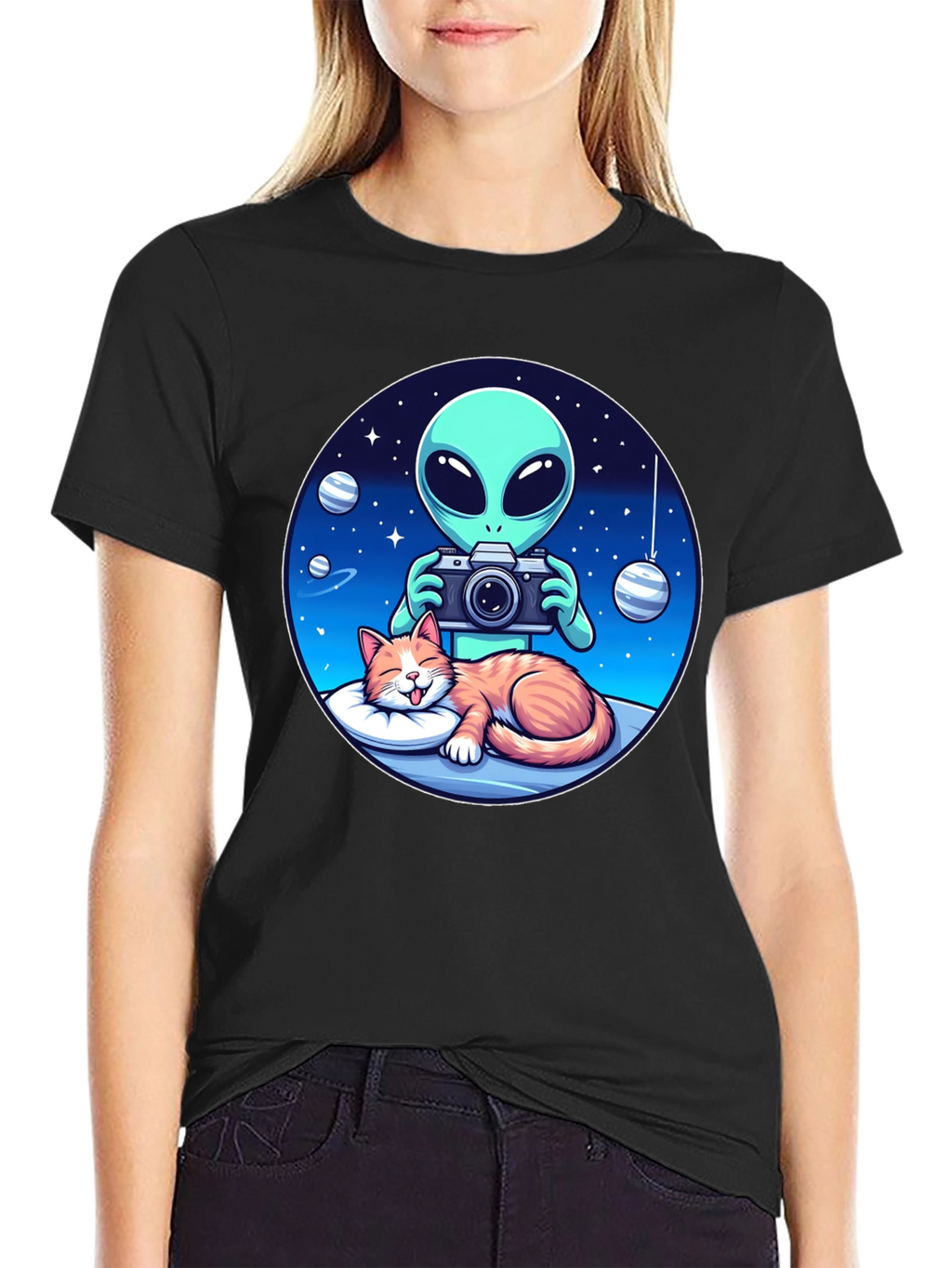 Alien & Cat Graphic Tee - Space Lovers Gift