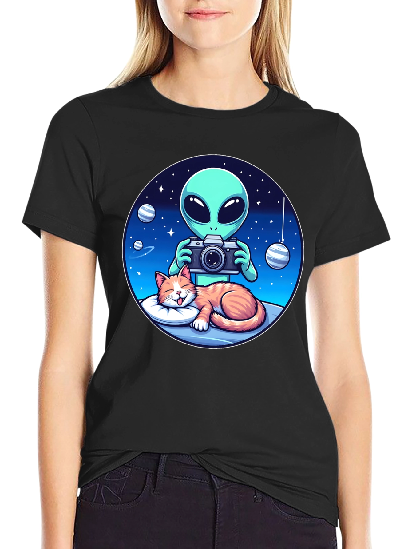 Alien & Cat Graphic Tee - Space Lovers Gift