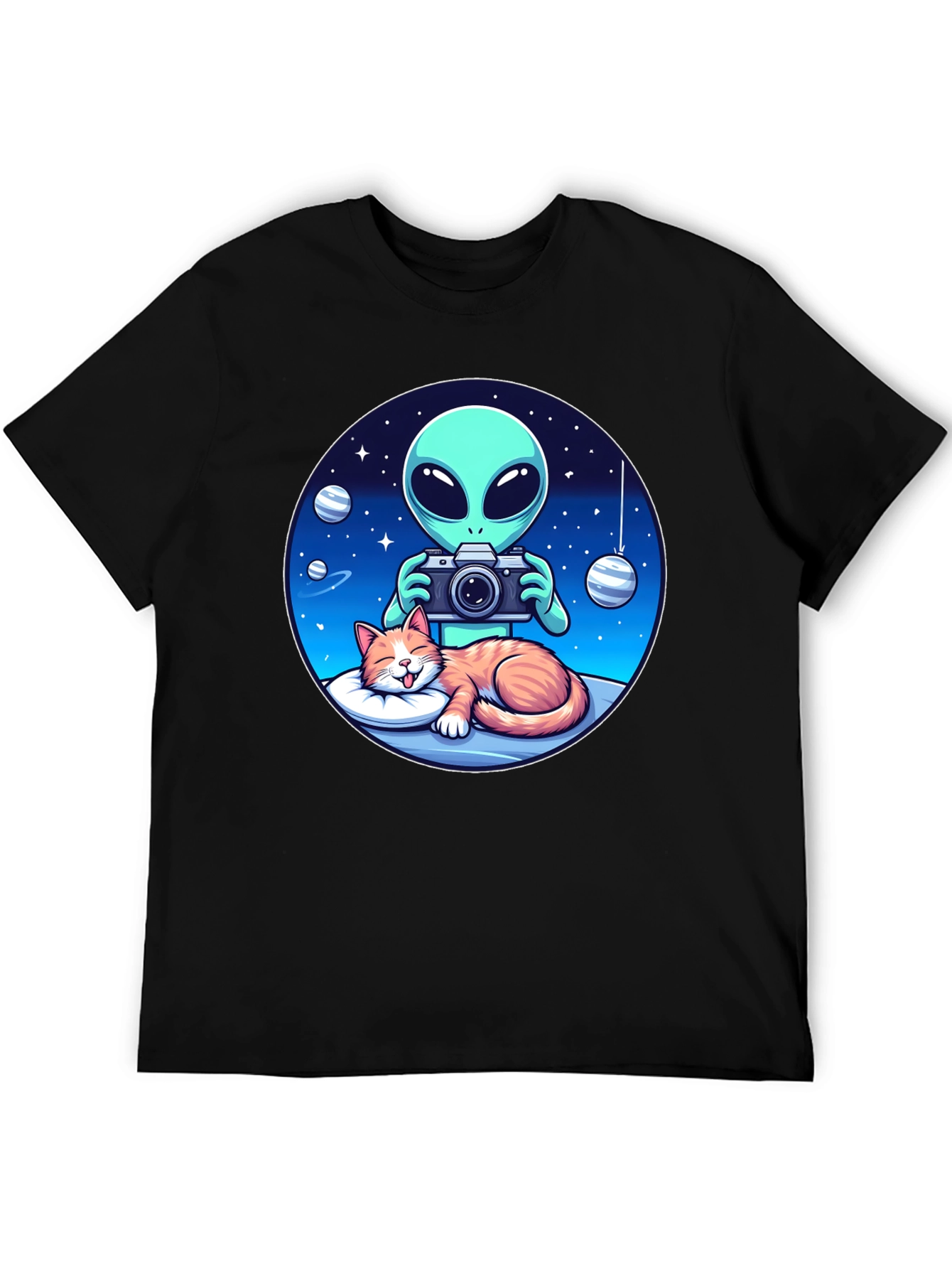 Alien & Cat Graphic Tee - Space Lovers Gift