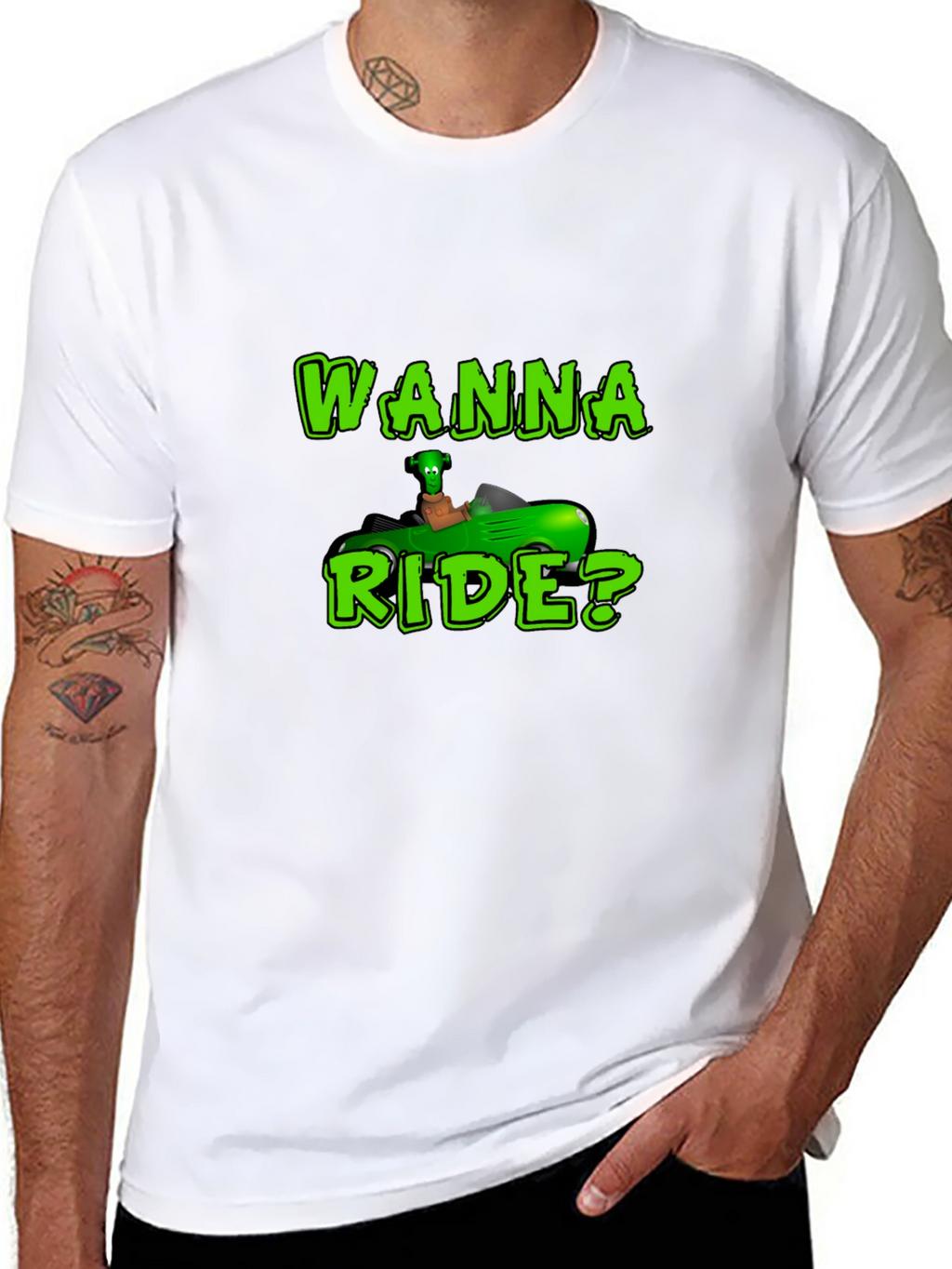 Wanna Ride? Green Car Black T-Shirt