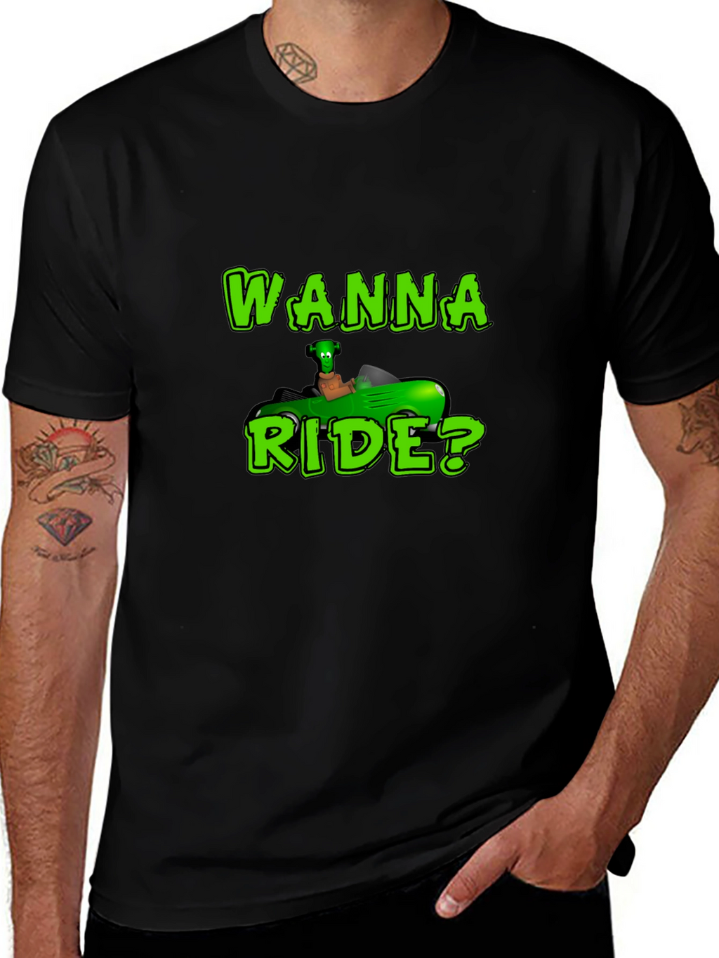 Wanna Ride? Green Car Black T-Shirt