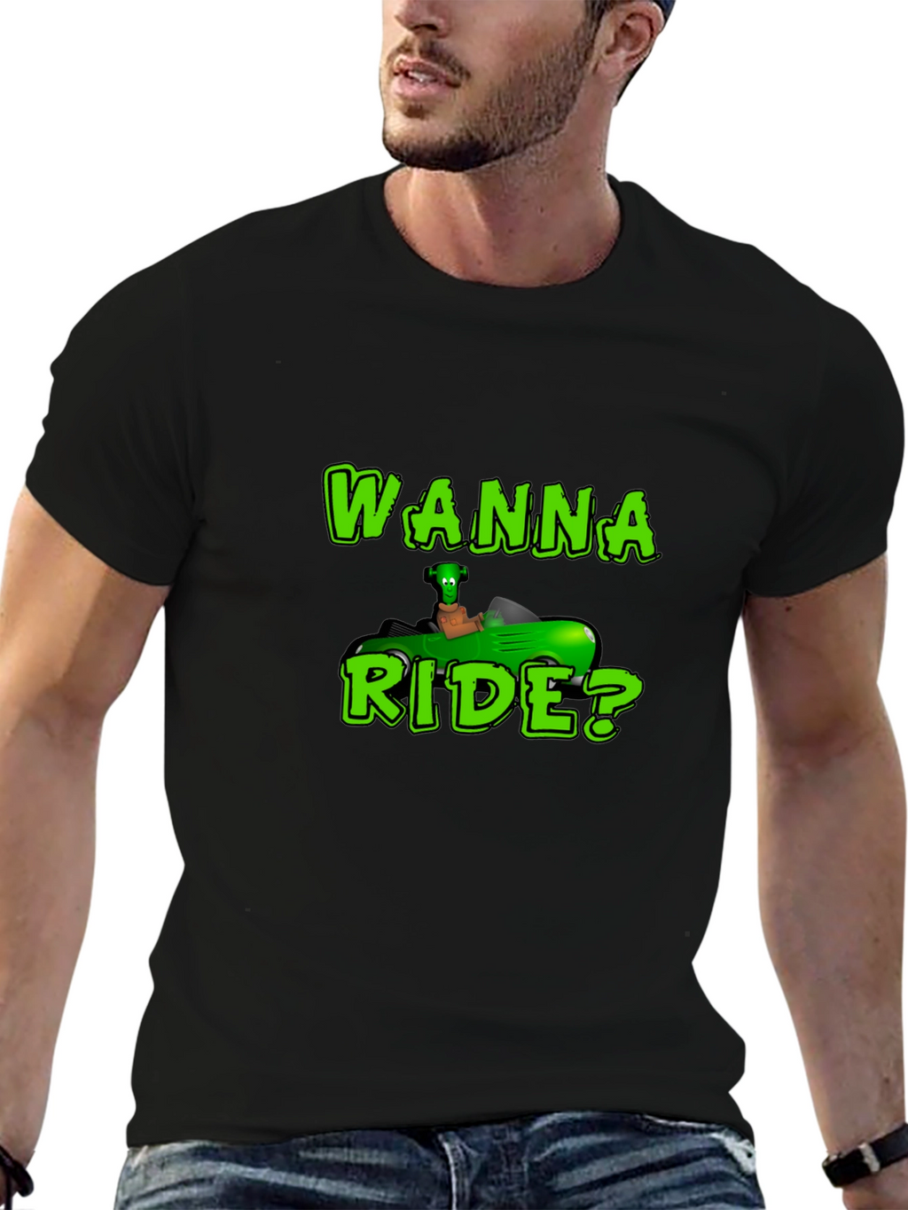 Wanna Ride? Green Car Black T-Shirt