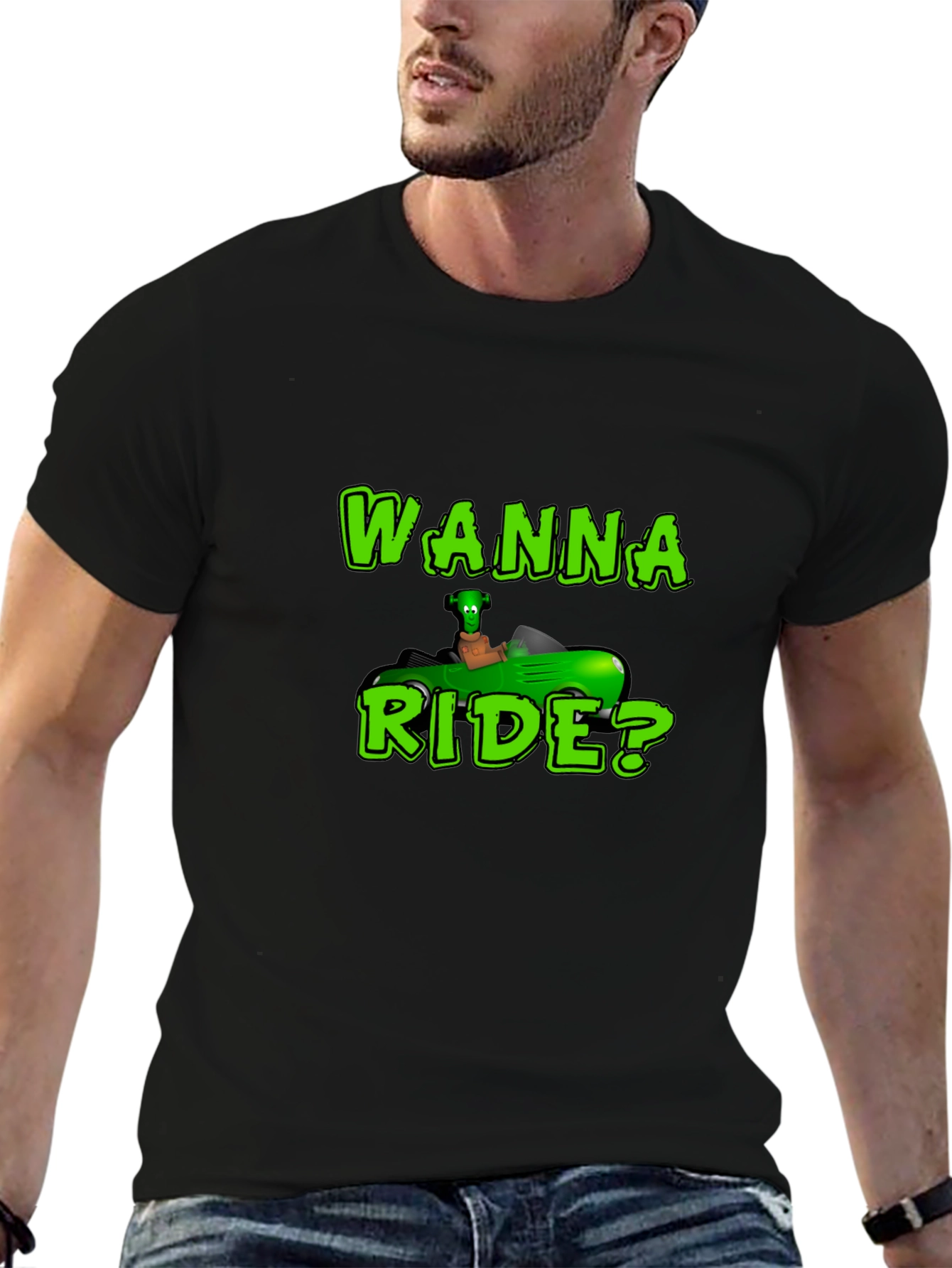 Wanna Ride? Green Car Black T-Shirt