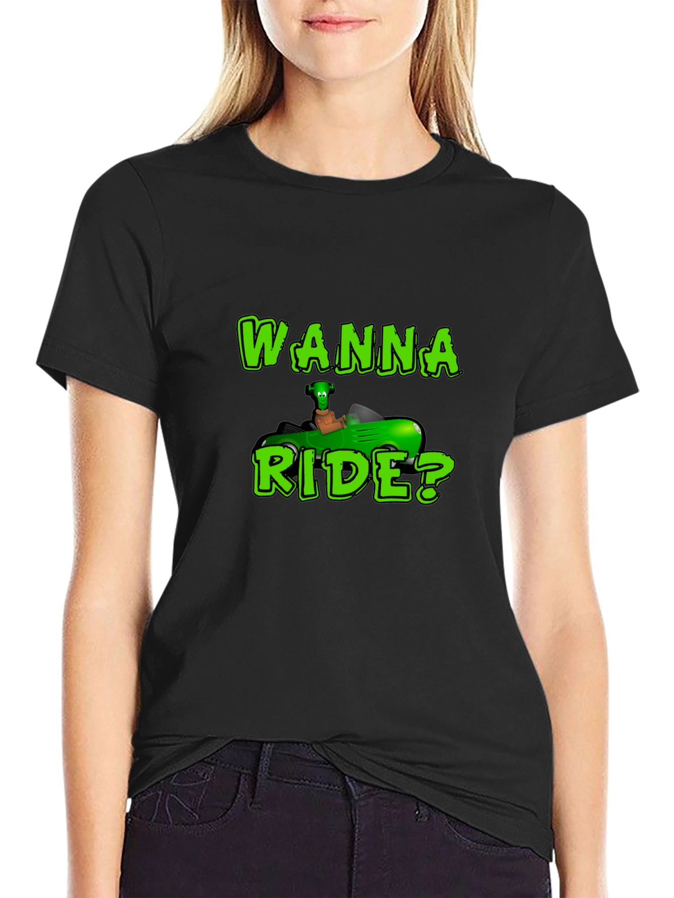 Wanna Ride? Green Car Black T-Shirt