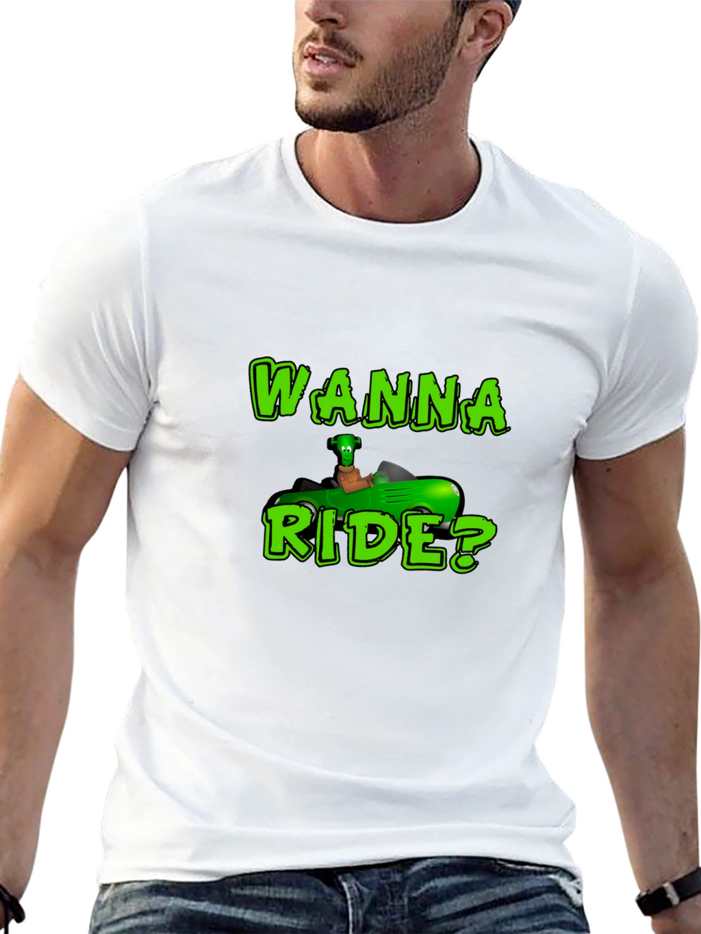 Wanna Ride? Green Car Black T-Shirt