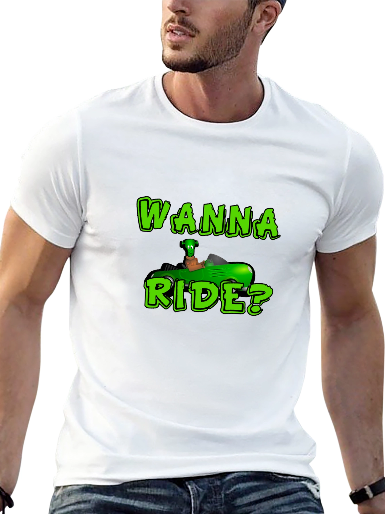 Wanna Ride? Green Car Black T-Shirt