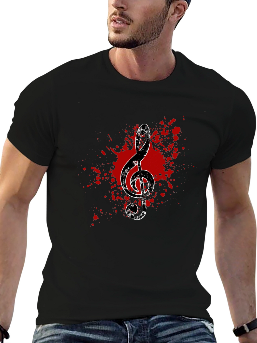 Grunge Music Note Graphic Tee - Black Cotton