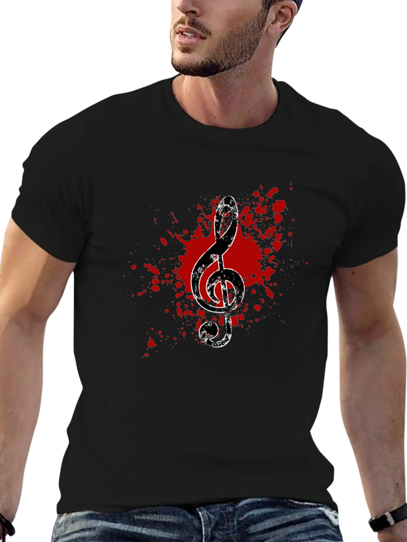 Grunge Music Note Graphic Tee - Black Cotton
