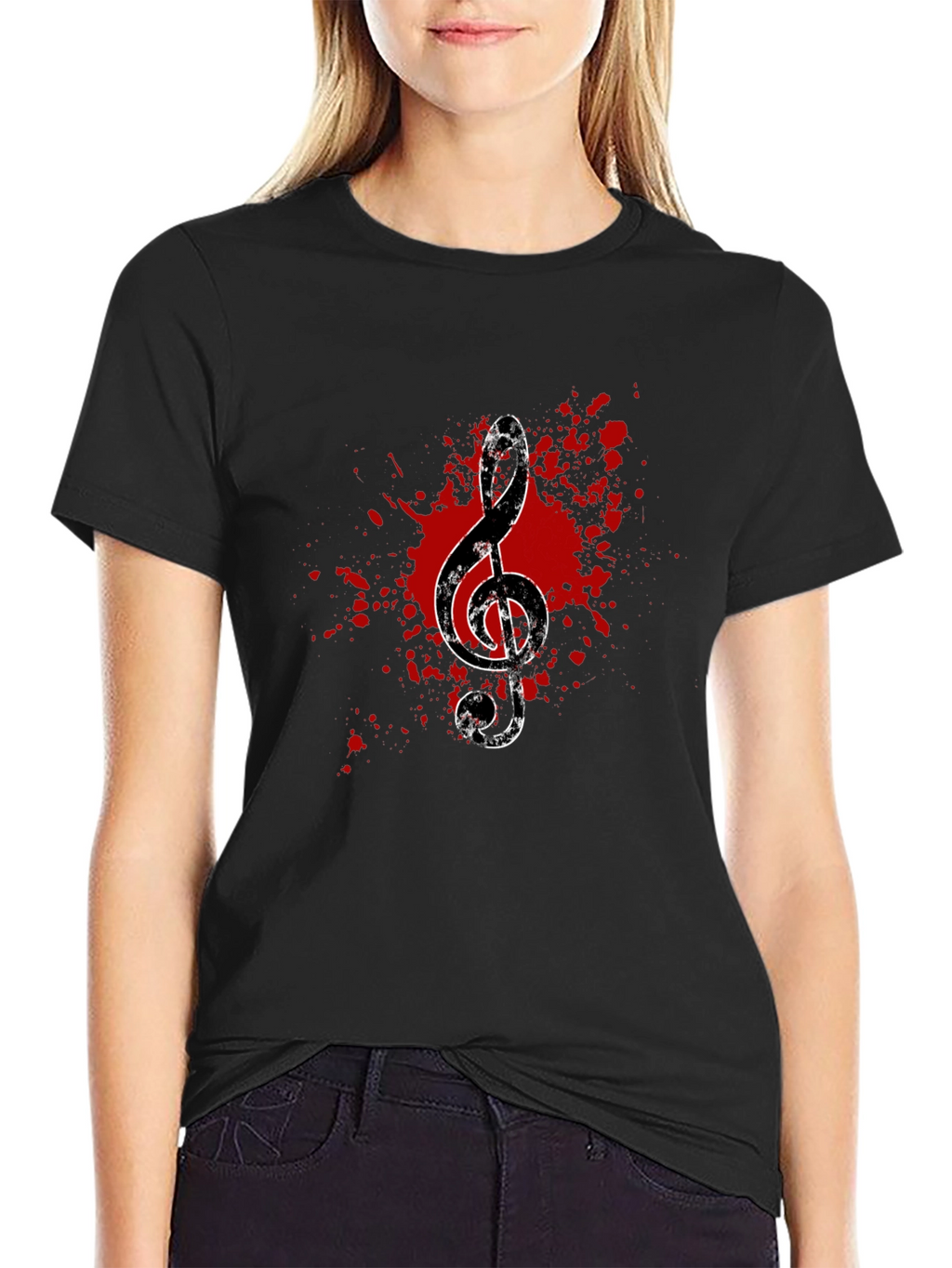 Grunge Music Note Graphic Tee - Black Cotton