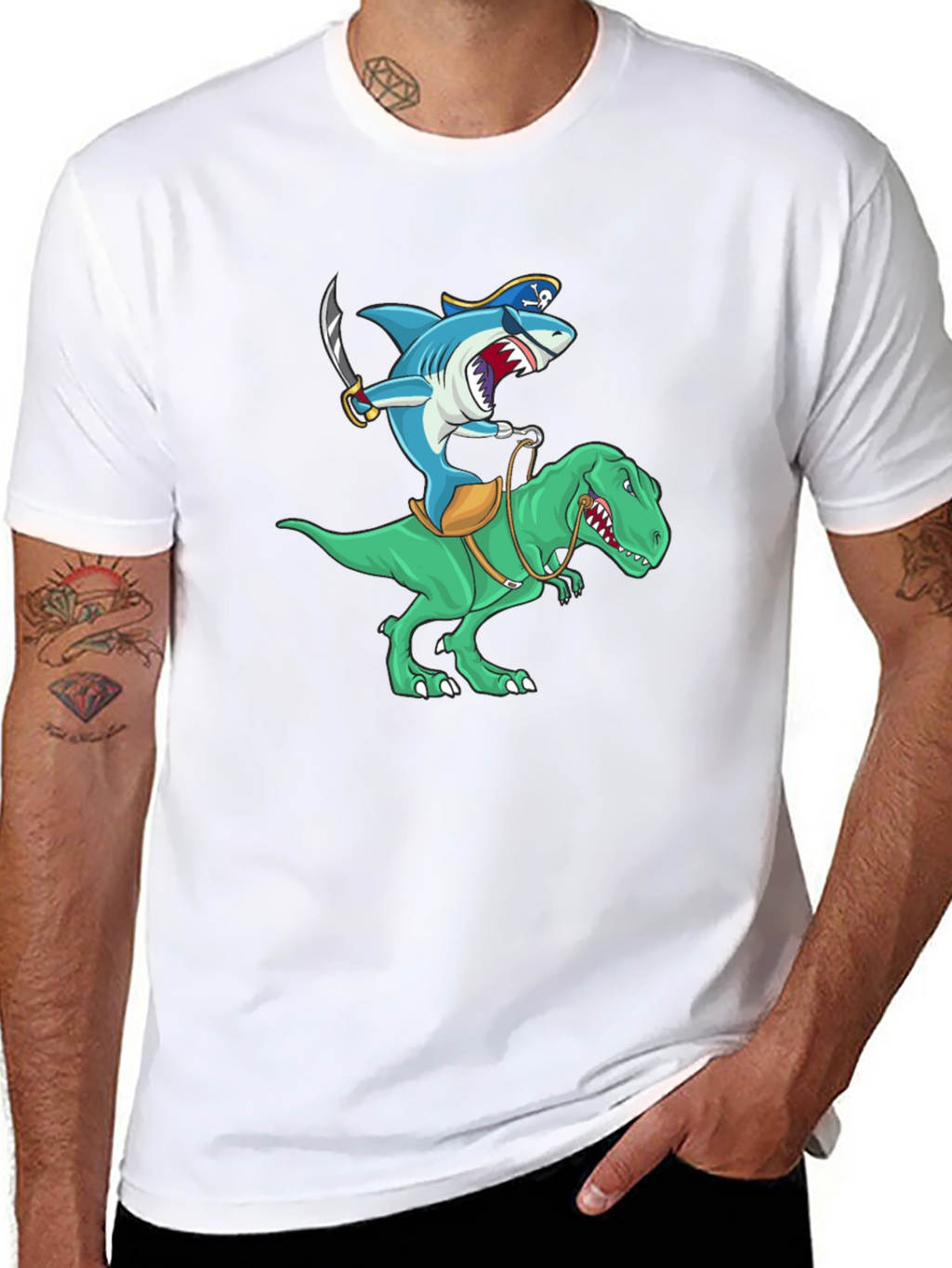Shark Pirate Riding a Dinosaur T-Shirt