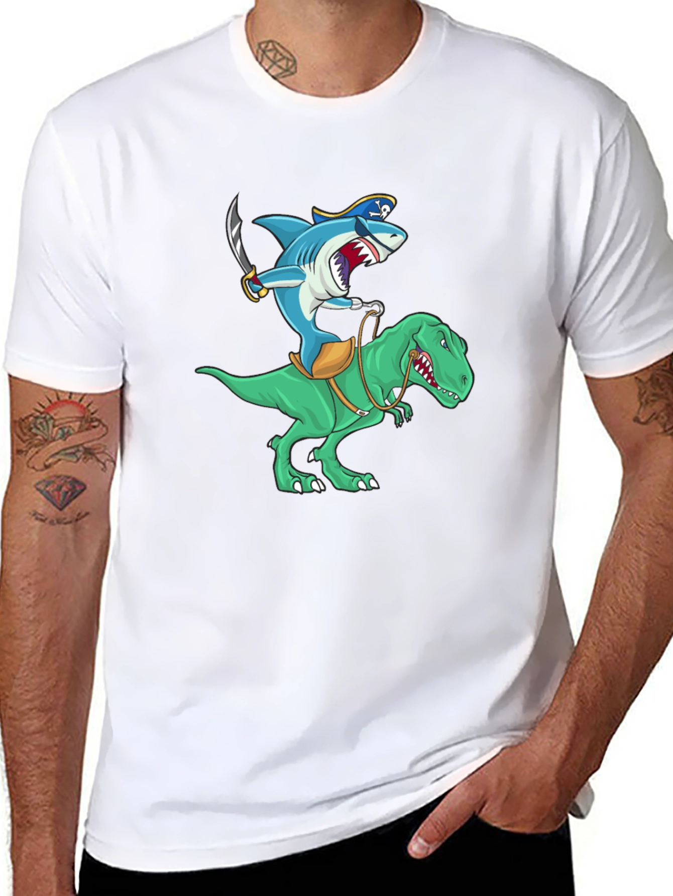 Shark Pirate Riding a Dinosaur T-Shirt