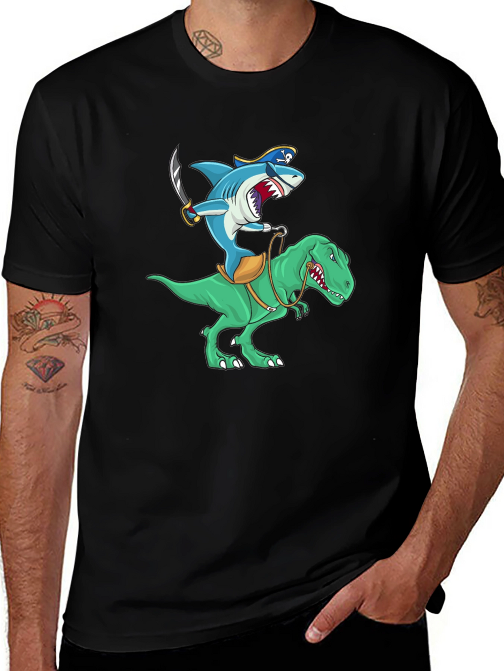 Shark Pirate Riding a Dinosaur T-Shirt