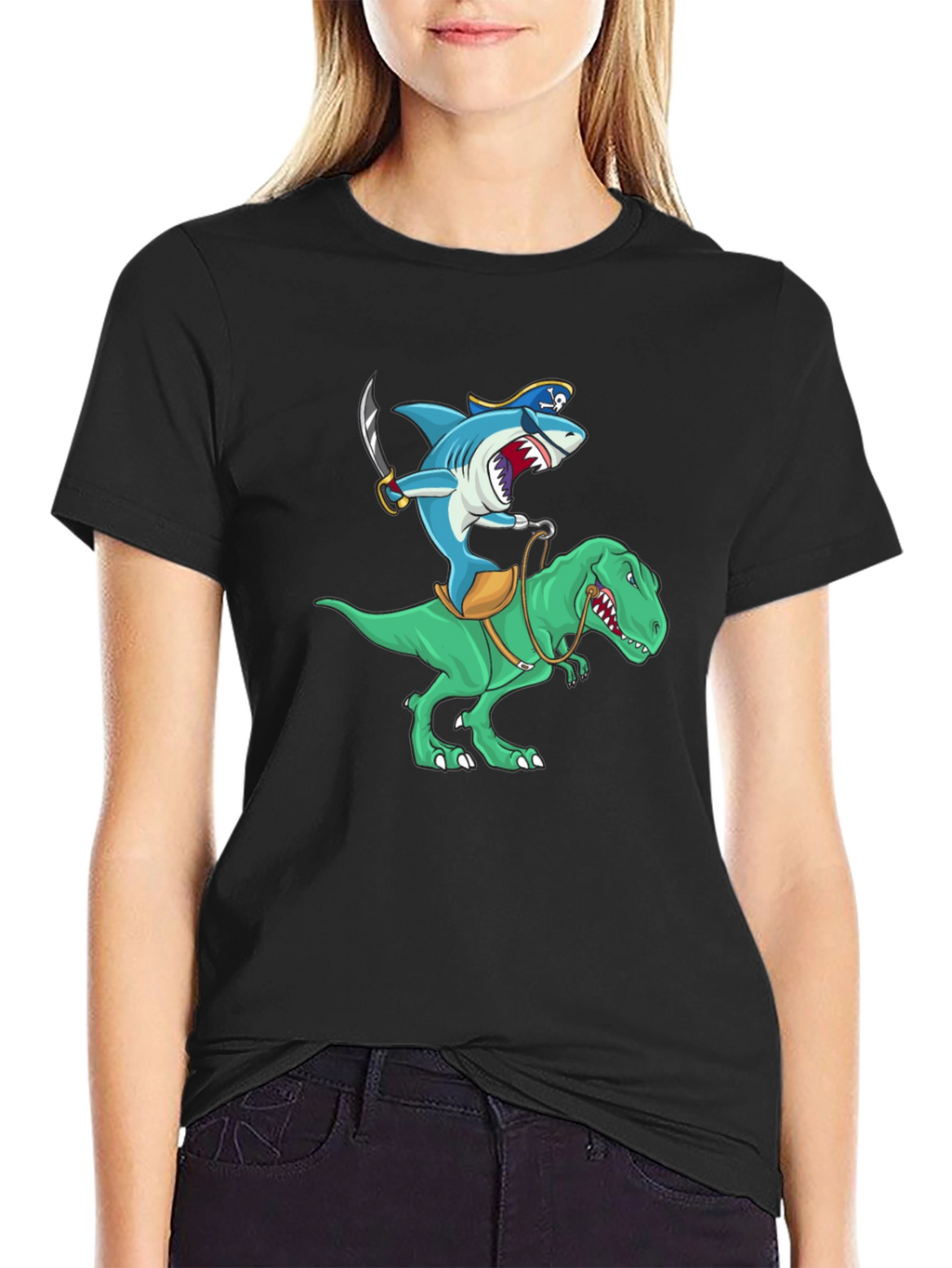 Shark Pirate Riding a Dinosaur T-Shirt