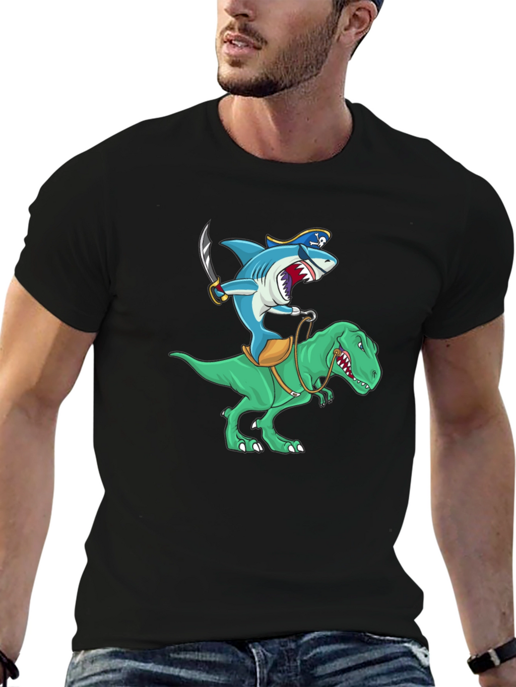Shark Pirate Riding a Dinosaur T-Shirt