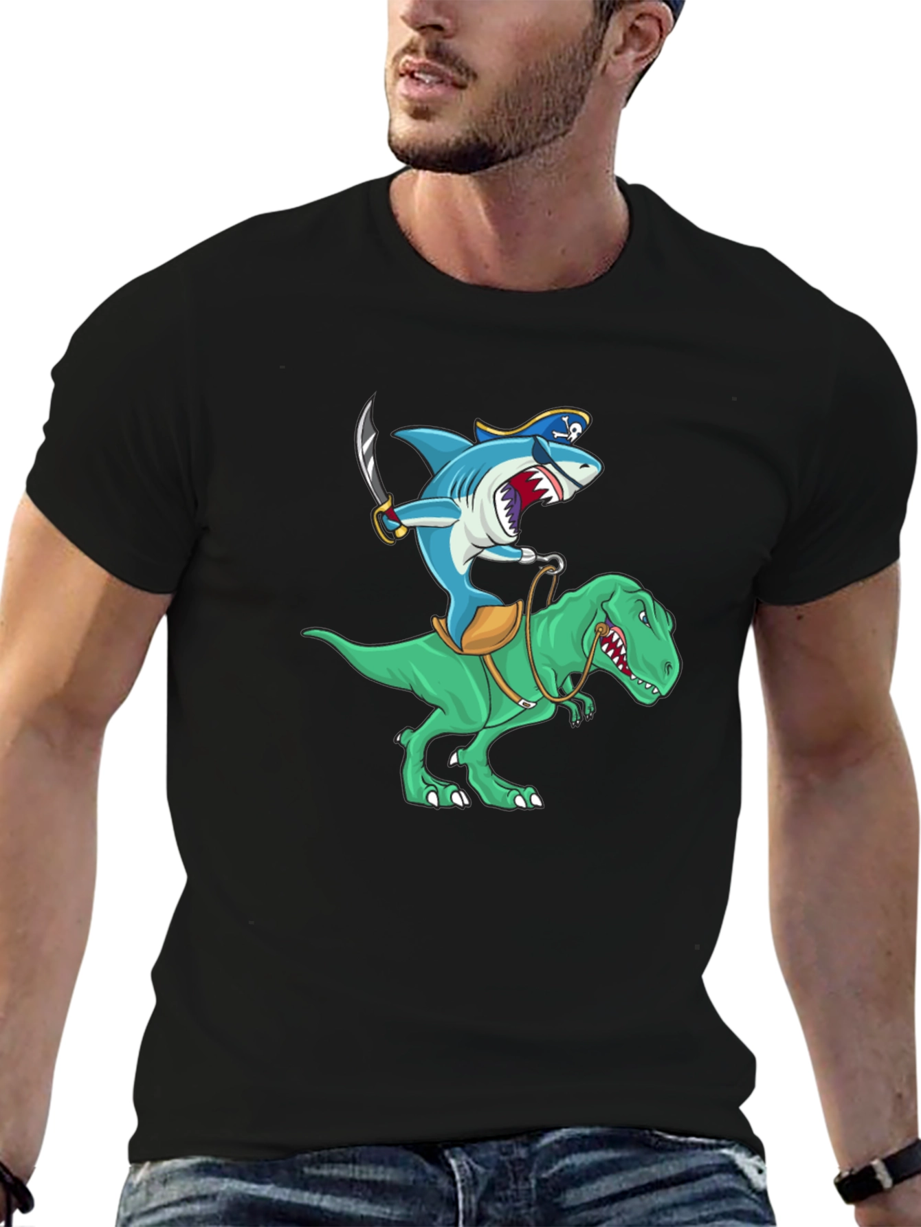 Shark Pirate Riding a Dinosaur T-Shirt