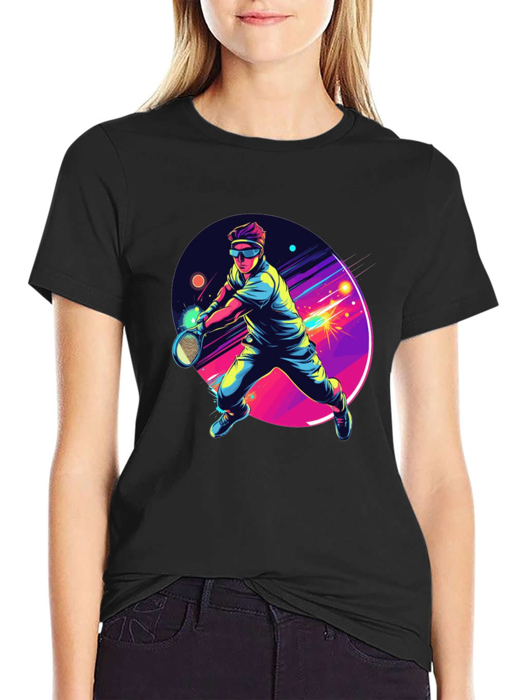 Retro Tennis Player Black T-Shirt