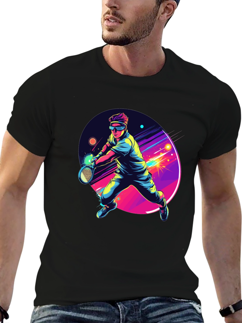 Retro Tennis Player Black T-Shirt