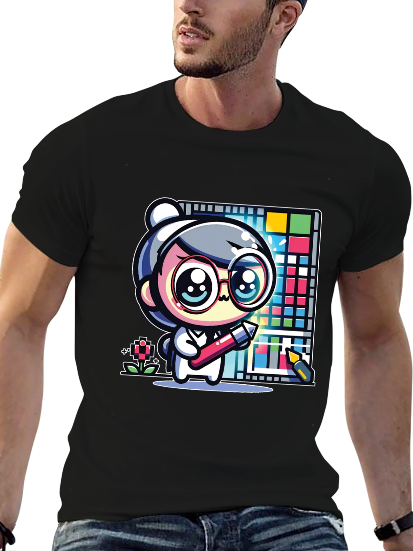 Cute Artist Graphic Print Black T-Shirt