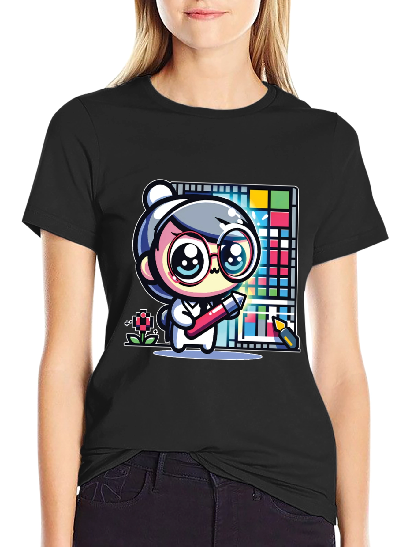 Cute Artist Graphic Print Black T-Shirt