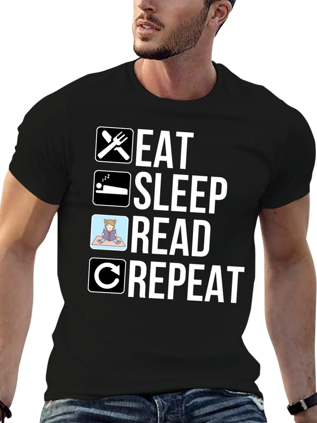 Eat Sleep Read Repeat T-Shirt - Black Cotton Tee