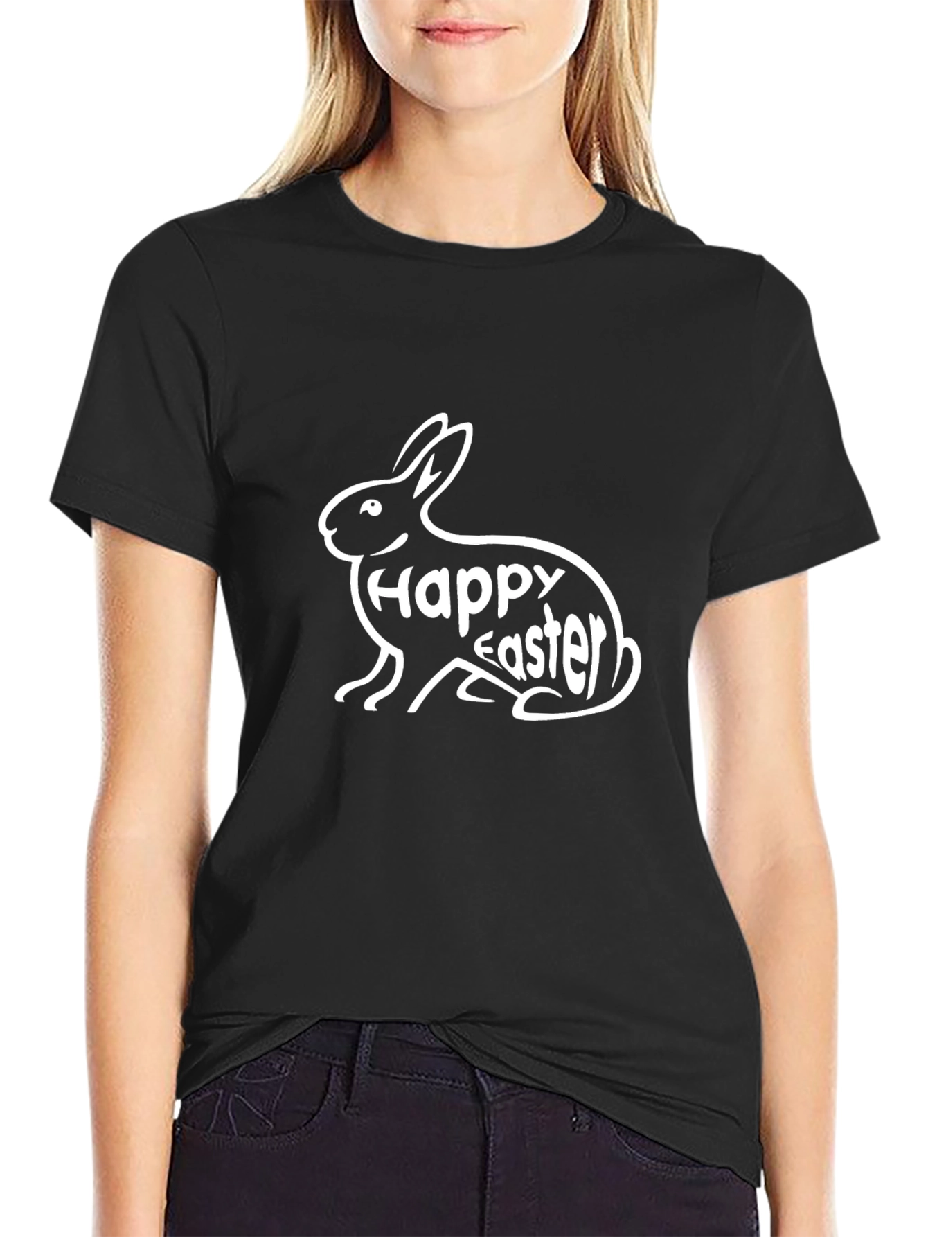 Happy Easter Bunny Graphic Tee - Black Cotton Shirt