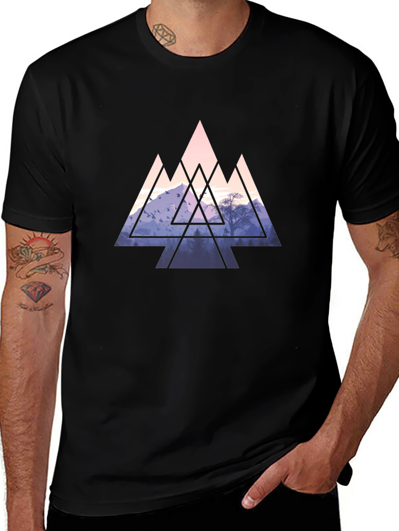 Geometric Mountain Graphic Tee - Black