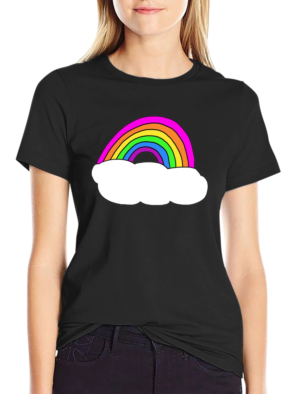 Rainbow Cloud Graphic Tee - Black Cotton T-Shirt