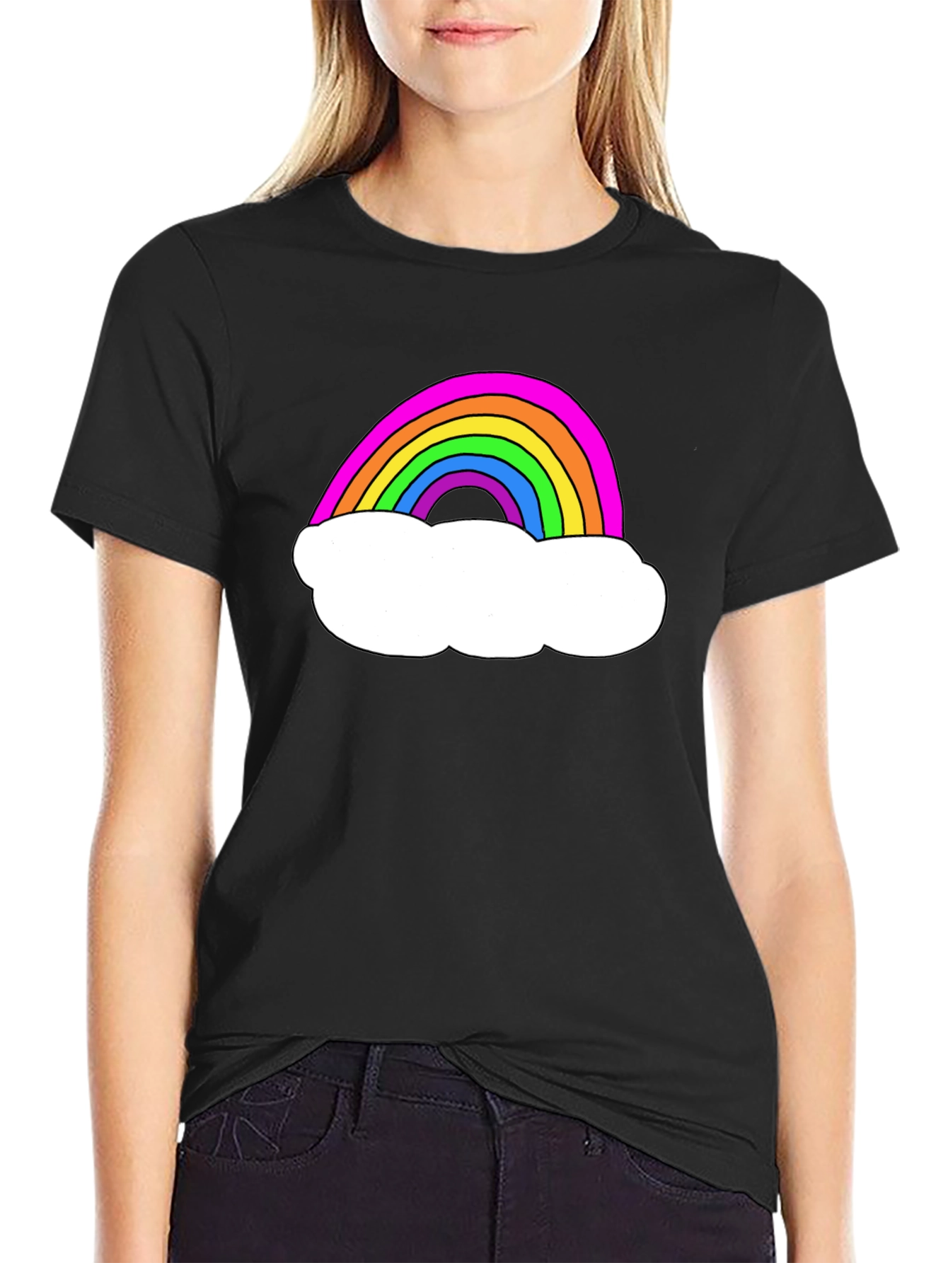 Rainbow Cloud Graphic Tee - Black Cotton T-Shirt