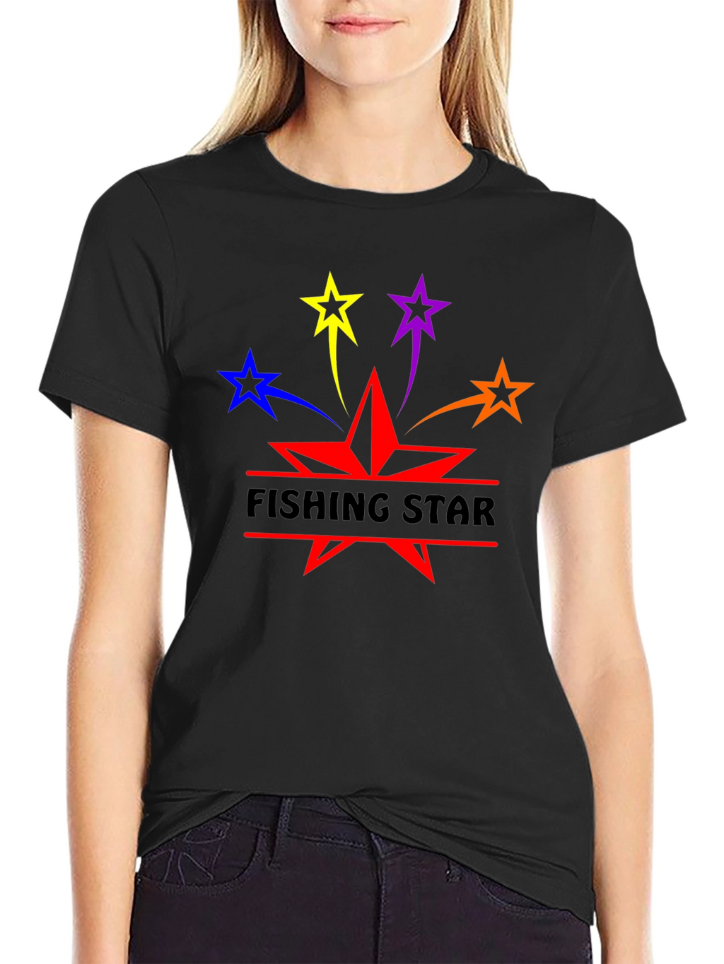 Fishing Star Graphic T-Shirt - Black Cotton Blend