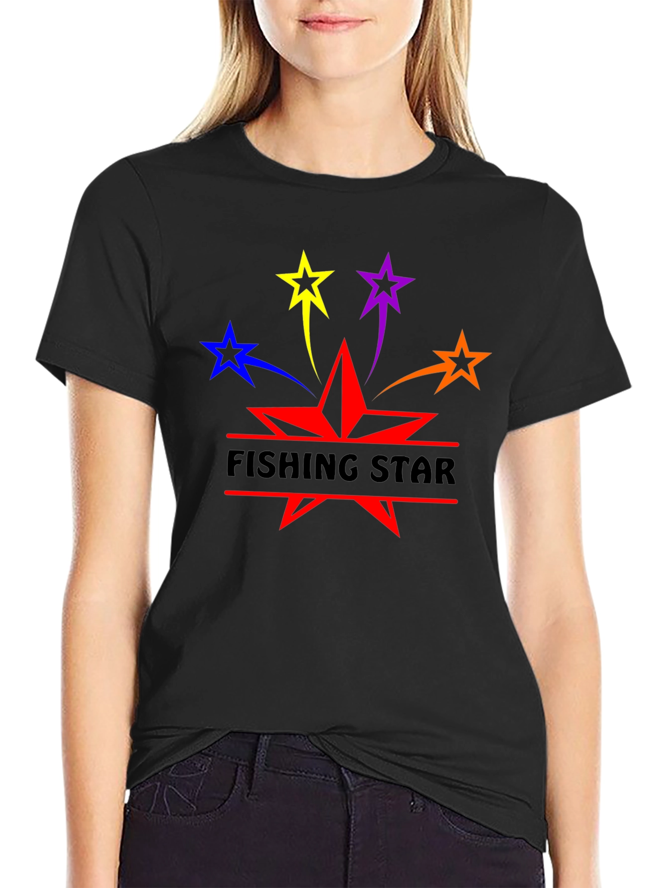 Fishing Star Graphic T-Shirt - Black Cotton Blend