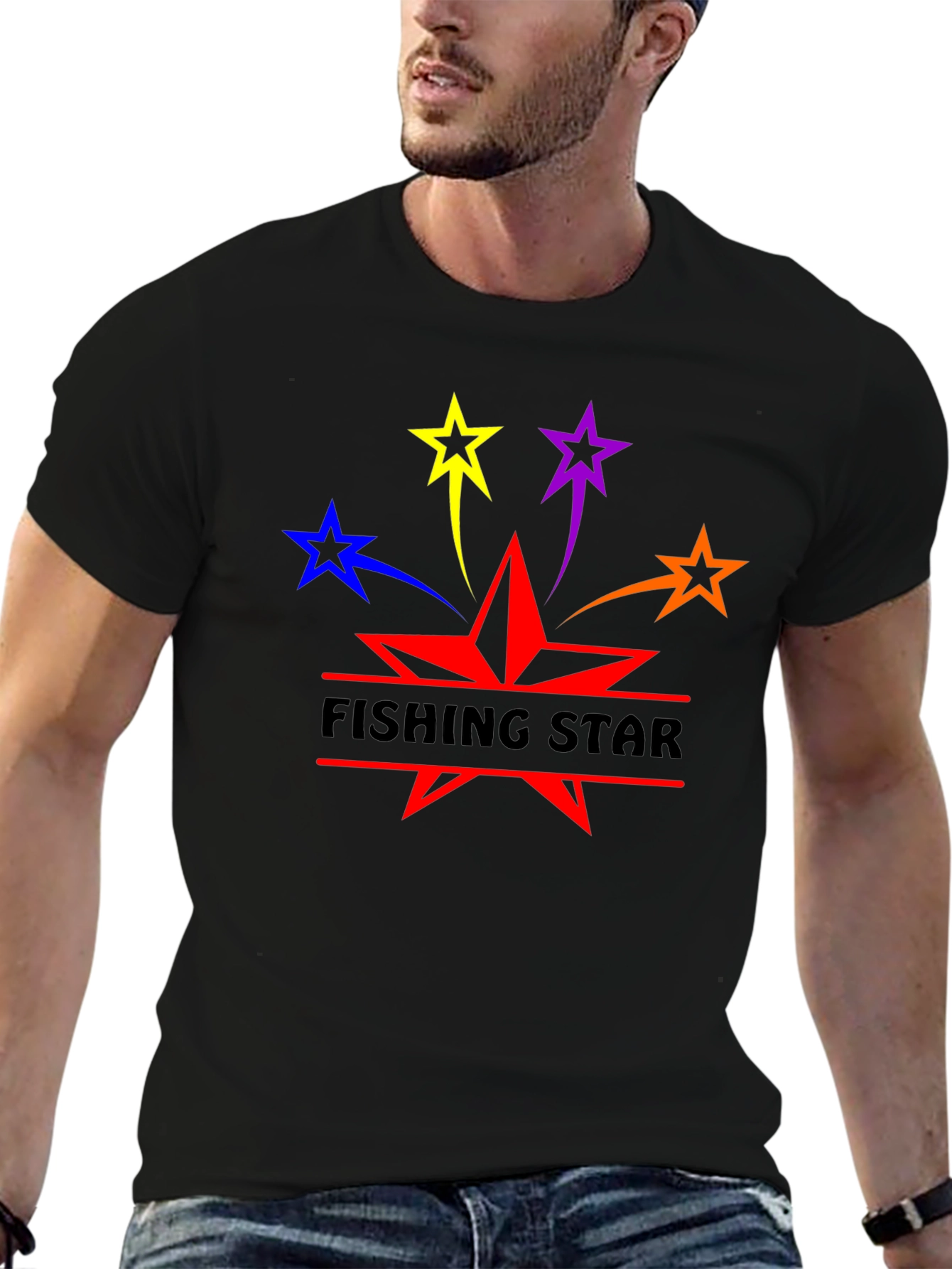 Fishing Star Graphic T-Shirt - Black Cotton Blend