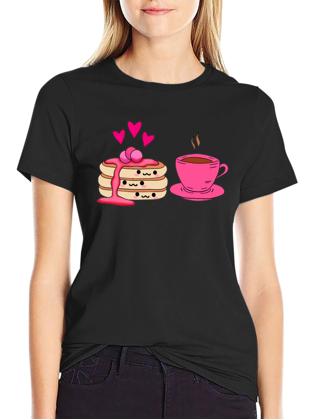 Cute Pancake & Coffee Graphic Black T-Shirt