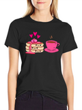 Cute Pancake & Coffee Graphic Black T-Shirt