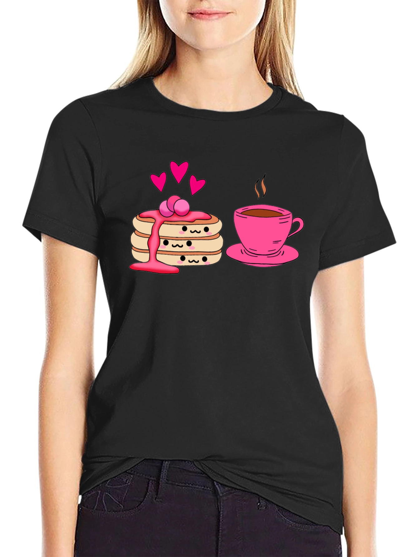 Cute Pancake & Coffee Graphic Black T-Shirt