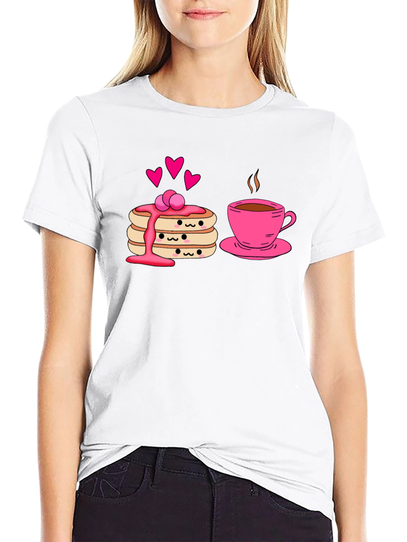 Cute Pancake & Coffee Graphic Black T-Shirt